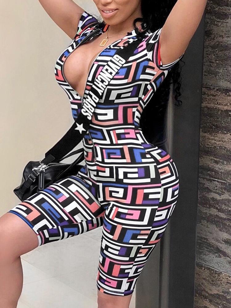

G Inspired Print Zipper Up Slim Fit Romper