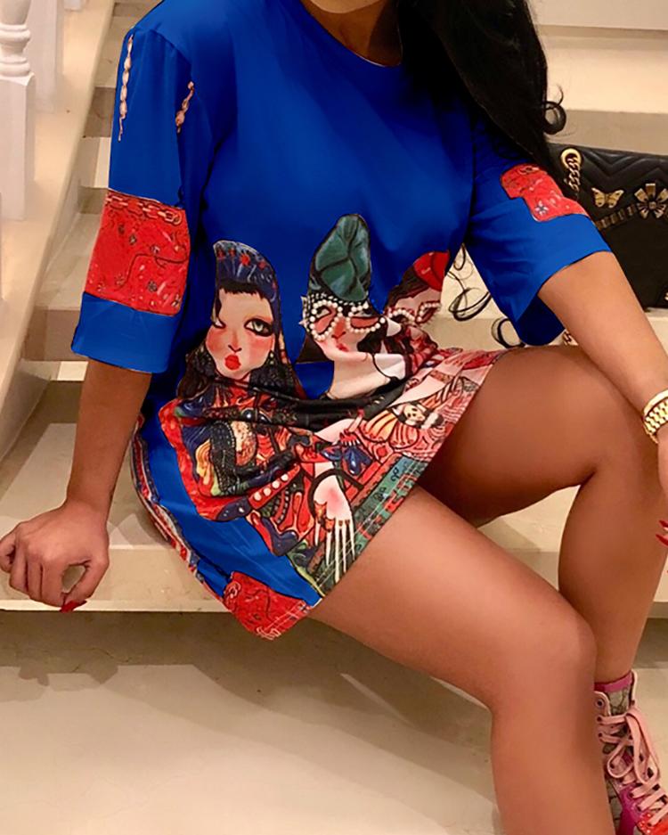 

Oversize Characters Print Half Sleeve Casual Dress, Blue