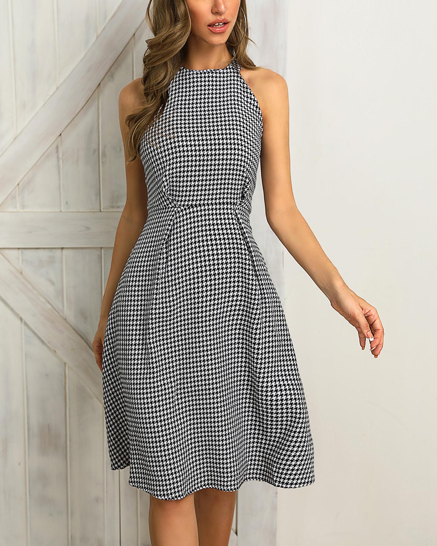 

Houndstooth Print Sleeveless Ruched Casual Dress, Black