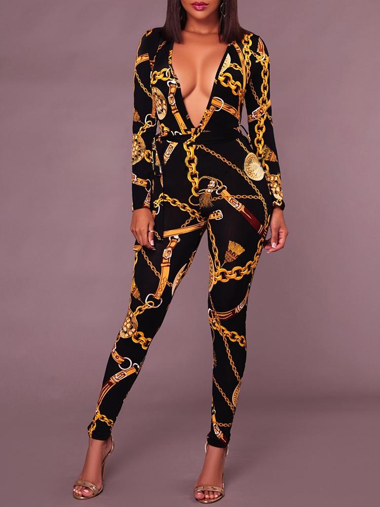 

Sexy Deep V Neck Gold Chain Print Skinny Jumpsuit