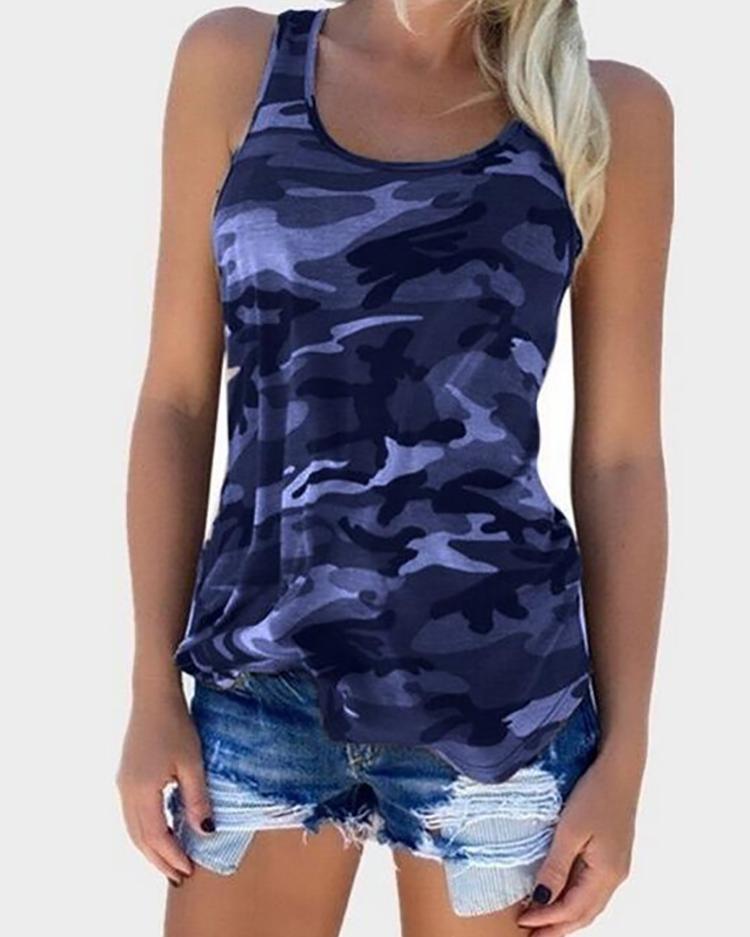 

Camouflage Print Racer Back Tank Top, Dark blue