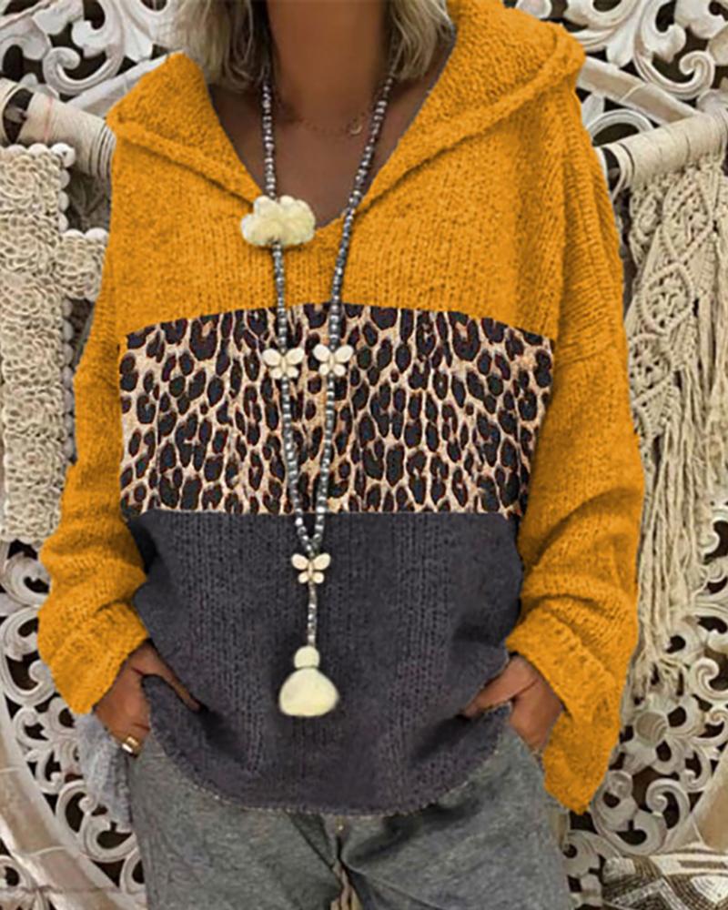 

Cheetah Colorblock Knit Hooded Sweater, Yellow