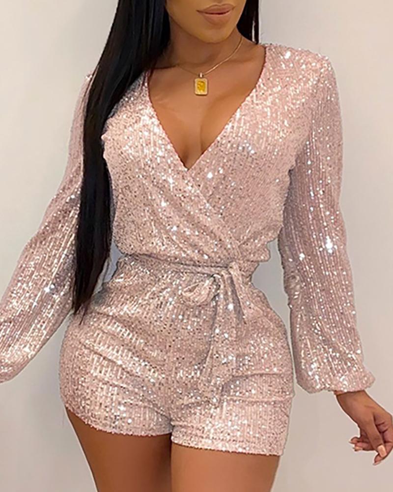 

Glitter V-Neck Lantern Sleeve Sequins Romper, Pink