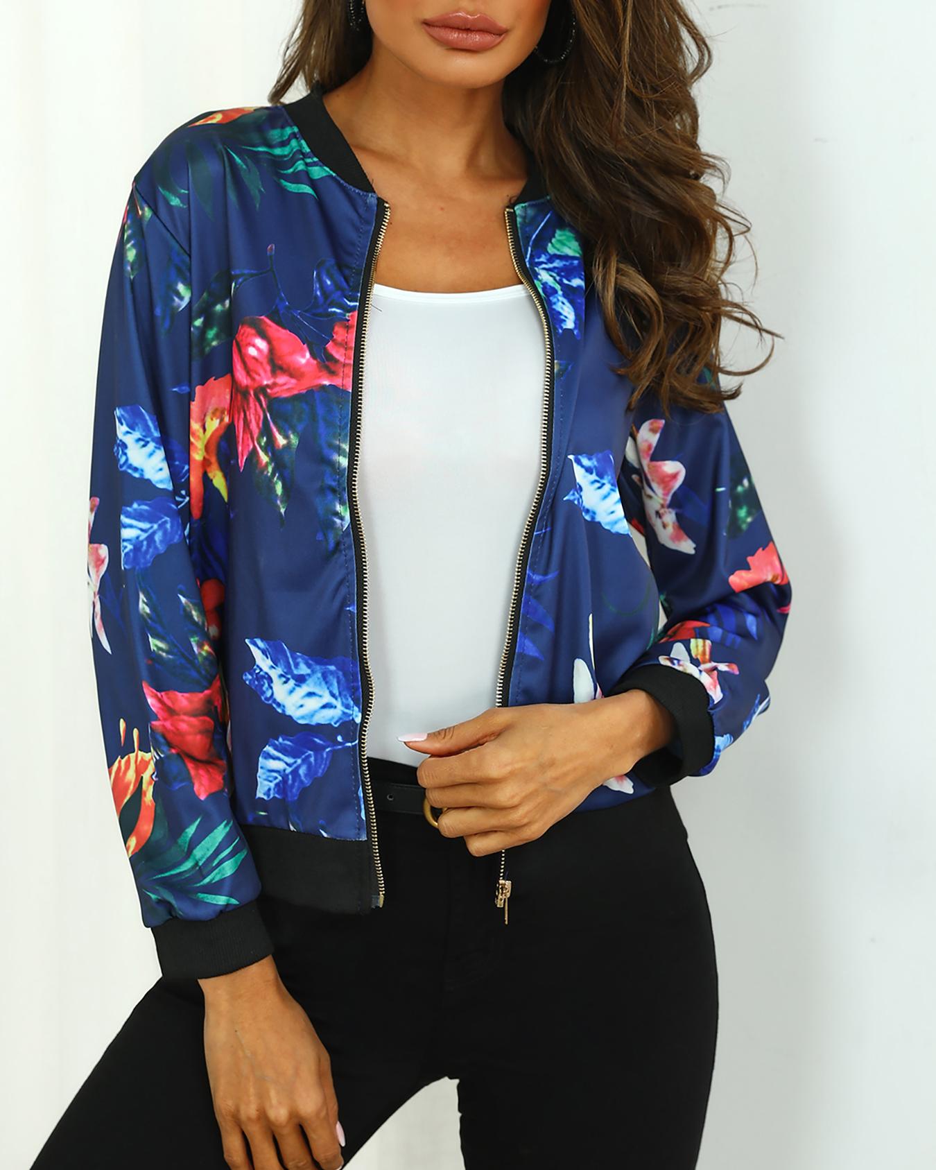 

Floral Print Zipper Up Jacket, Blue