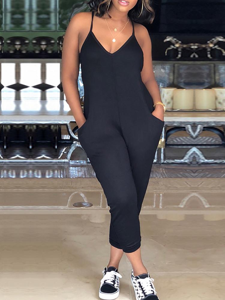

Solid Racer-Back Loose Slip Casual Jumpsuit, Black