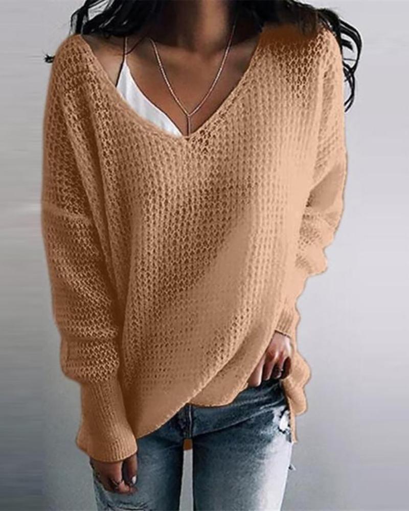 

Solid Long Sleeve Casual Sweater, Khaki