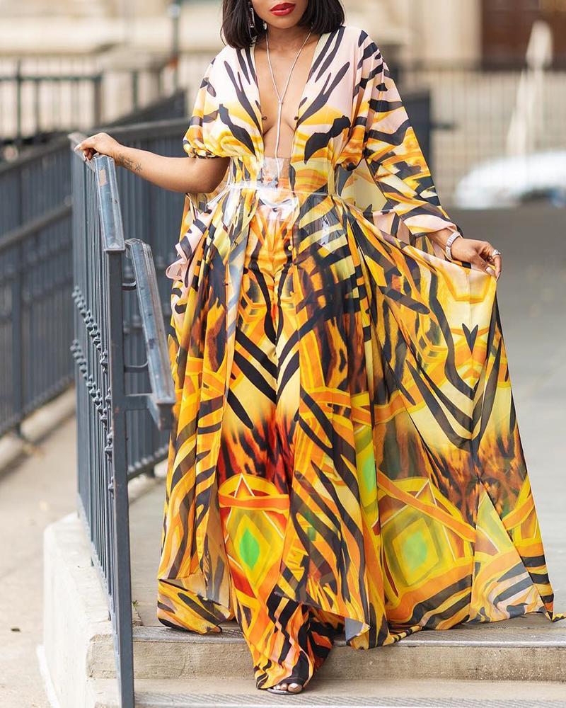

Colorful Print Plunge Cover Up And Pant Sets