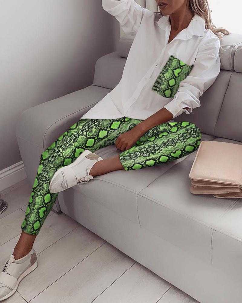 

Turn-down Collar Snakeskin Shirt & Pants Sets