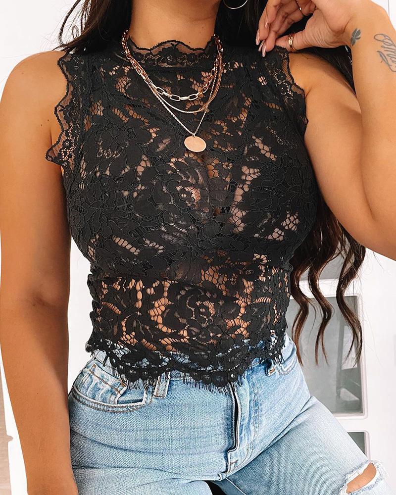

Eyelash Lace Sheer Mesh Sleeveless Top, Black