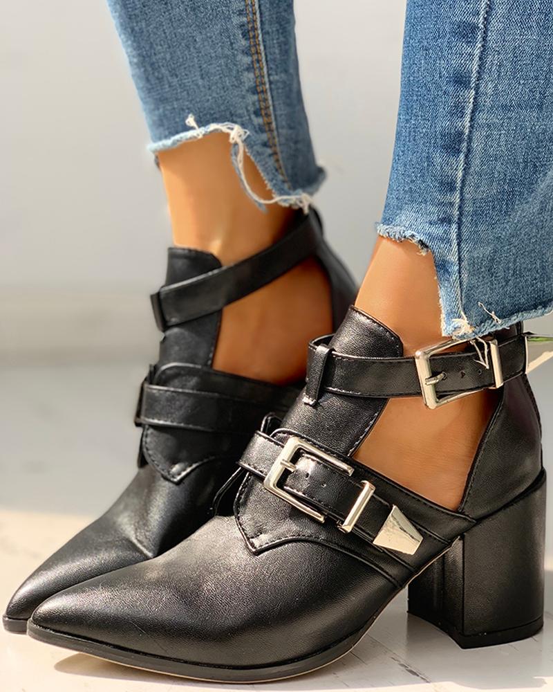 

Solid Pointed Toe PU Chunky Heeled Boots, Black