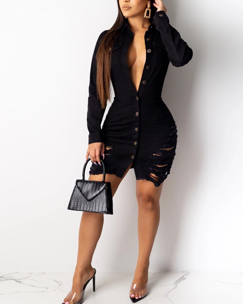 

Solid Distressed Denim Shirt Dress, Black