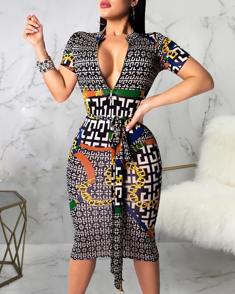 

Geo Print Deep V Neck Bodycon Dress, Multicolor