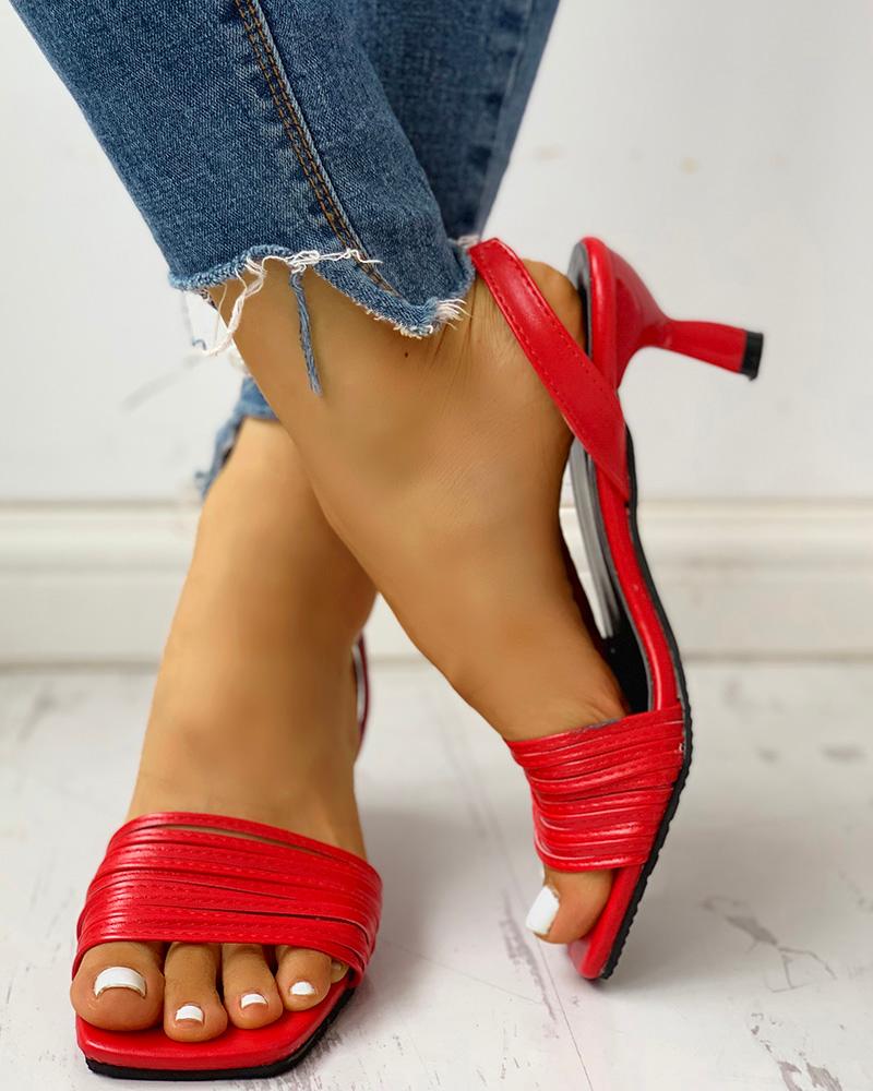 

Solid Multi-strap Open Toe Thin Heeled Sandals, Red
