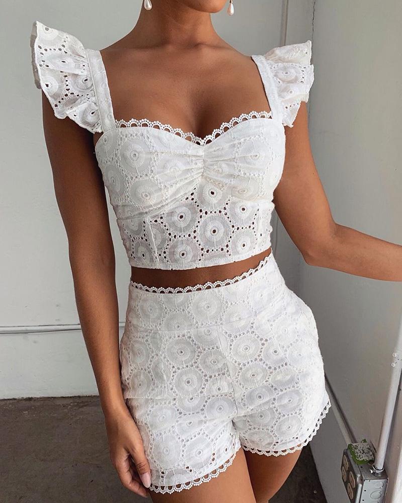 

Eyelet Embroidery Rufflles Top & Short Pant, White