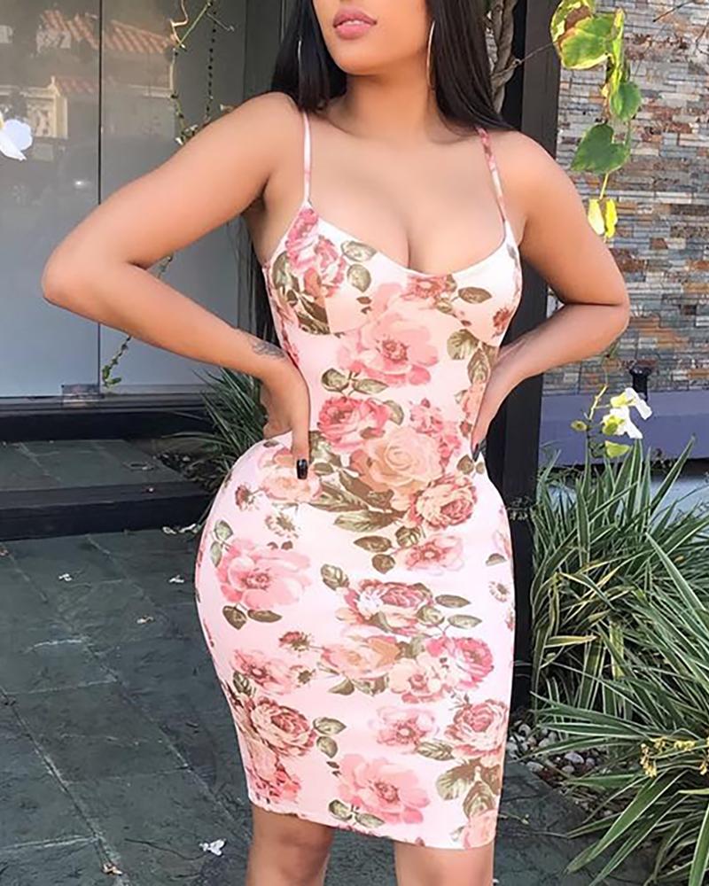

Spaghetti Strap Floral Print Bodycon Dress