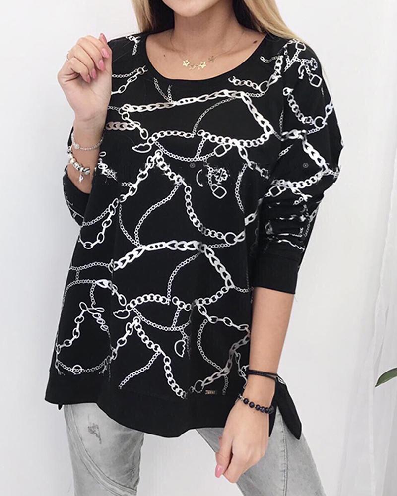 

Chain Print Long Sleeve Top, Black