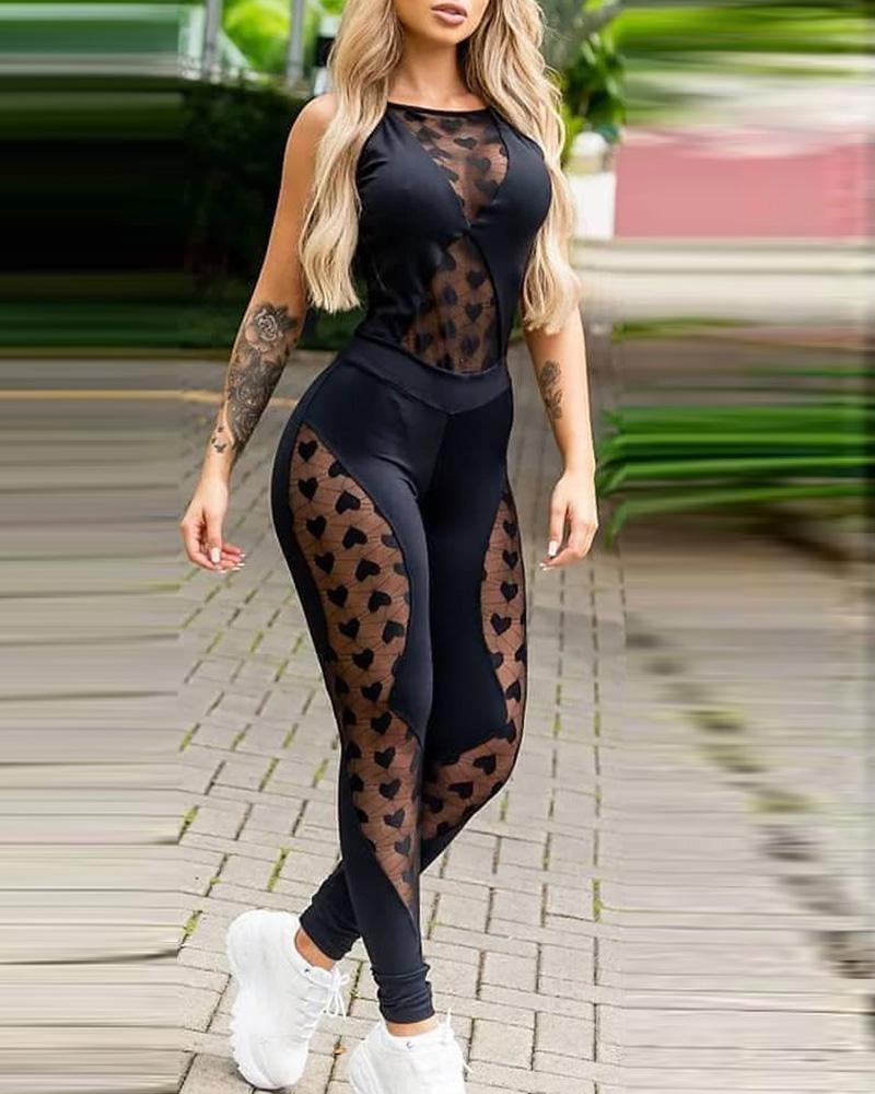 

Sheer Mesh Heart Pattern Sleeveless Jumpsuit, Black