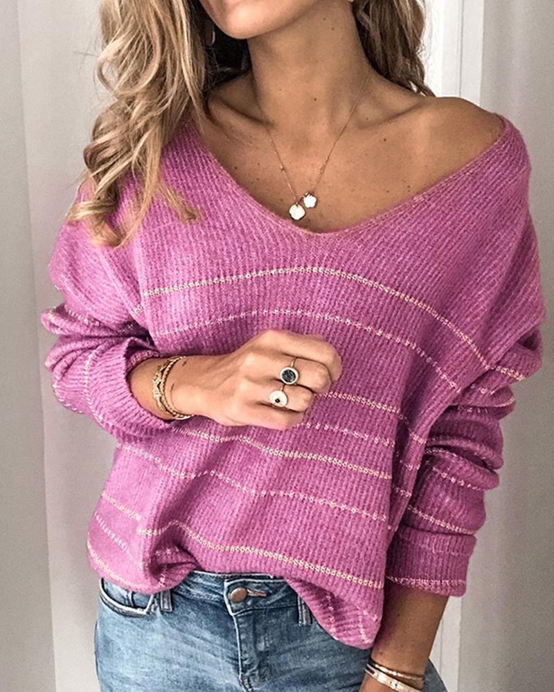 

V Neck Striped Knit Sweater, Hot pink