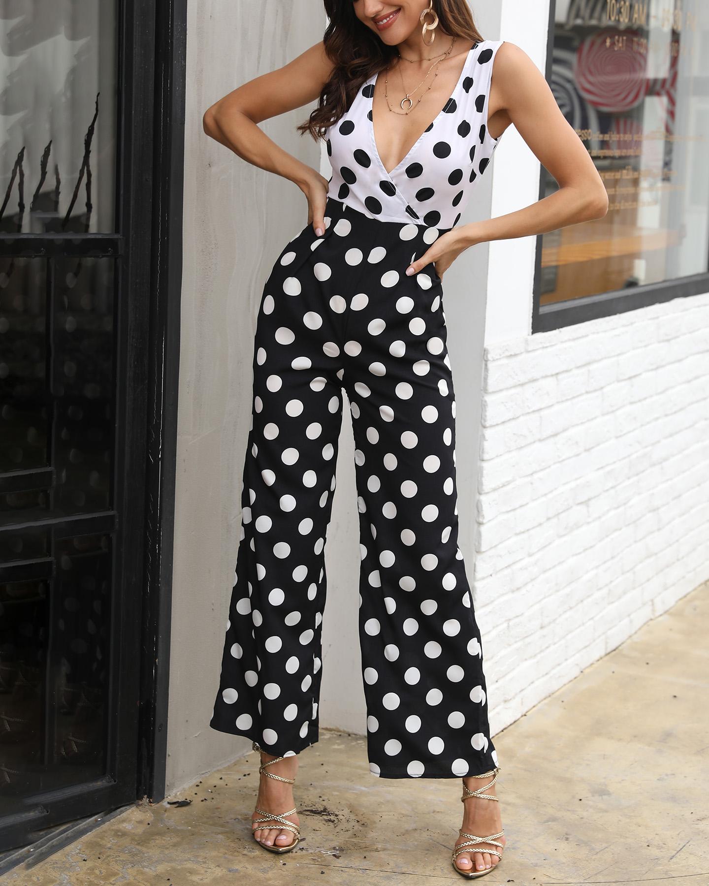 

V-neck Sleeveless Polka Dot Wide Leg Jumpsuit, Black