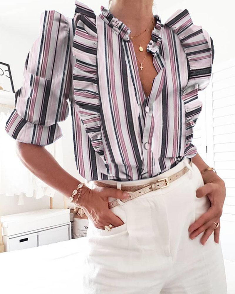 

Striped Ruffles Buttoned Casual Blouse, Multicolor