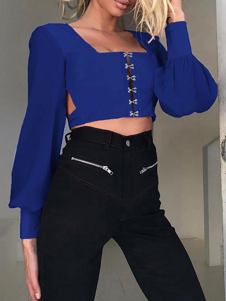 

Metallic Button Open Back Crop Blouse