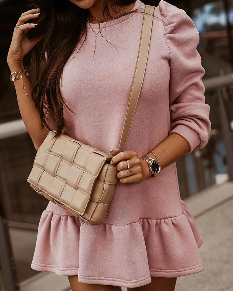 

Solid Loose Long Bubble Sleeve Ruffles Dress, Pink