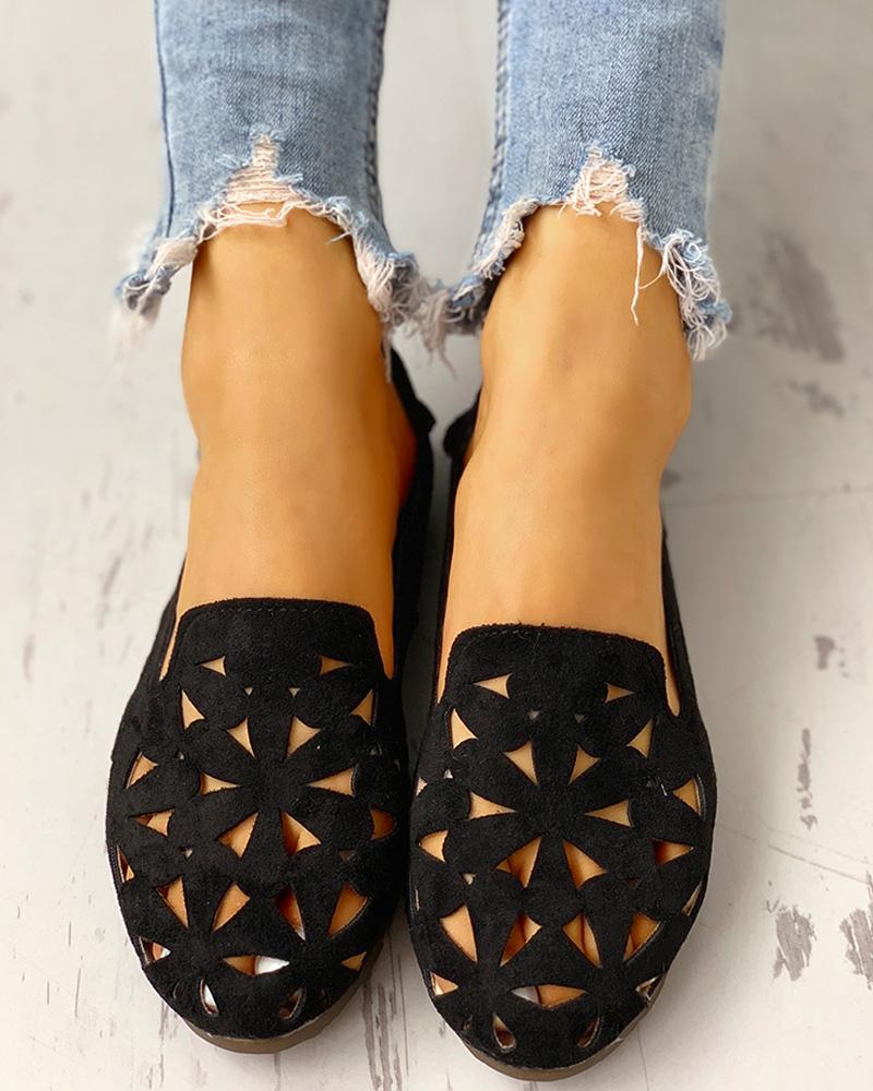 

Suede Hollow Out Flat Shoes, Black