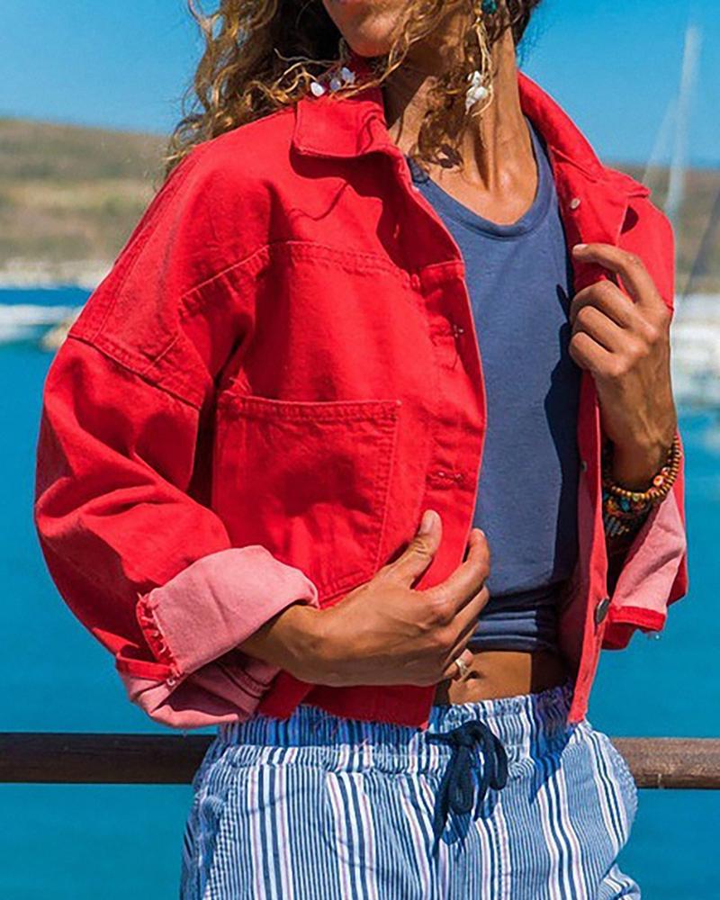 

Solid Denim Buttoned Pocket Casual Coat, Red