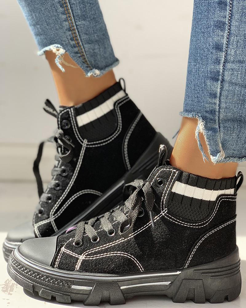 

Patchwork Lace-Up Casual Boots, Black