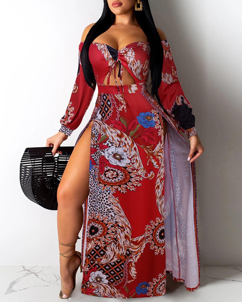 

Off Shoulder Floral Print Thigh Slit Maxi Dress, Red