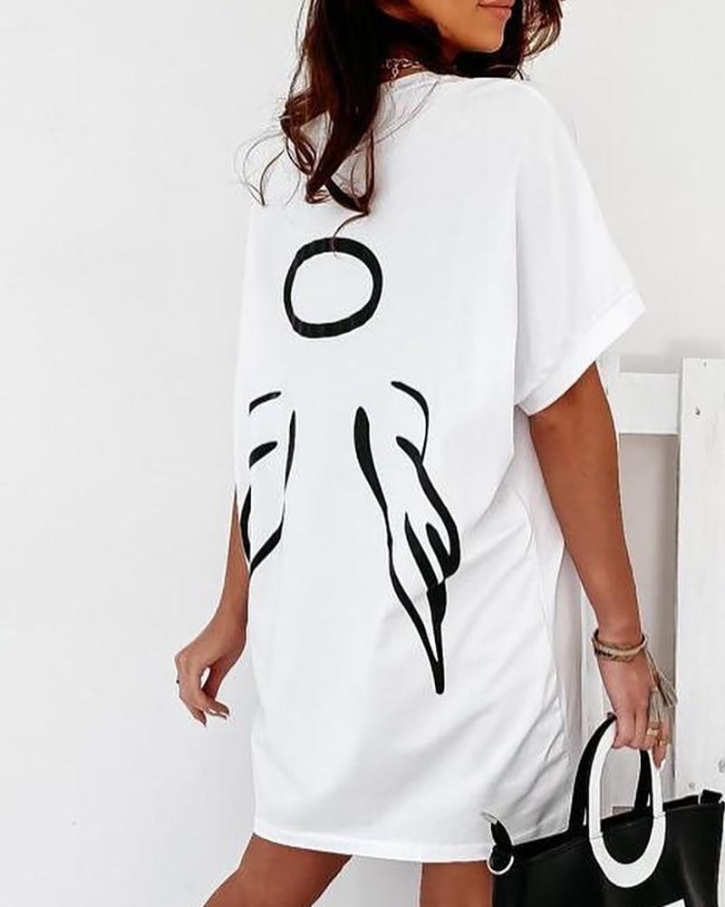 

Wings Print Short Sleeve Casual Dress, White
