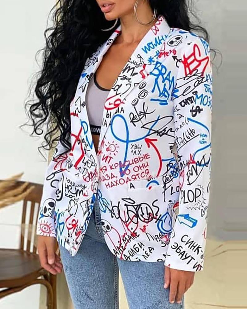 

Doodle Print Buttoned Blazer Coat, White