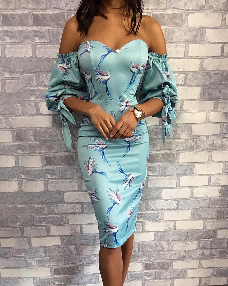 

Off Shoulder Bird Print Tied Cuff Dress, Blue