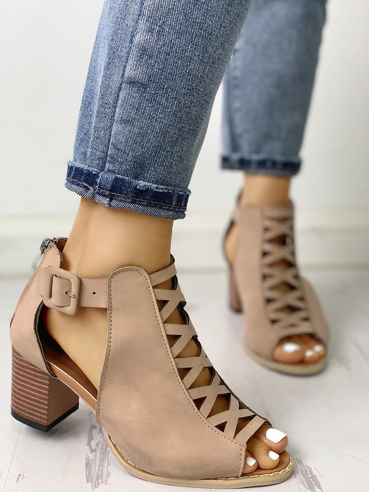 

Lace-Up Hollow Out Peep Toe Ankle Boots, Apricot