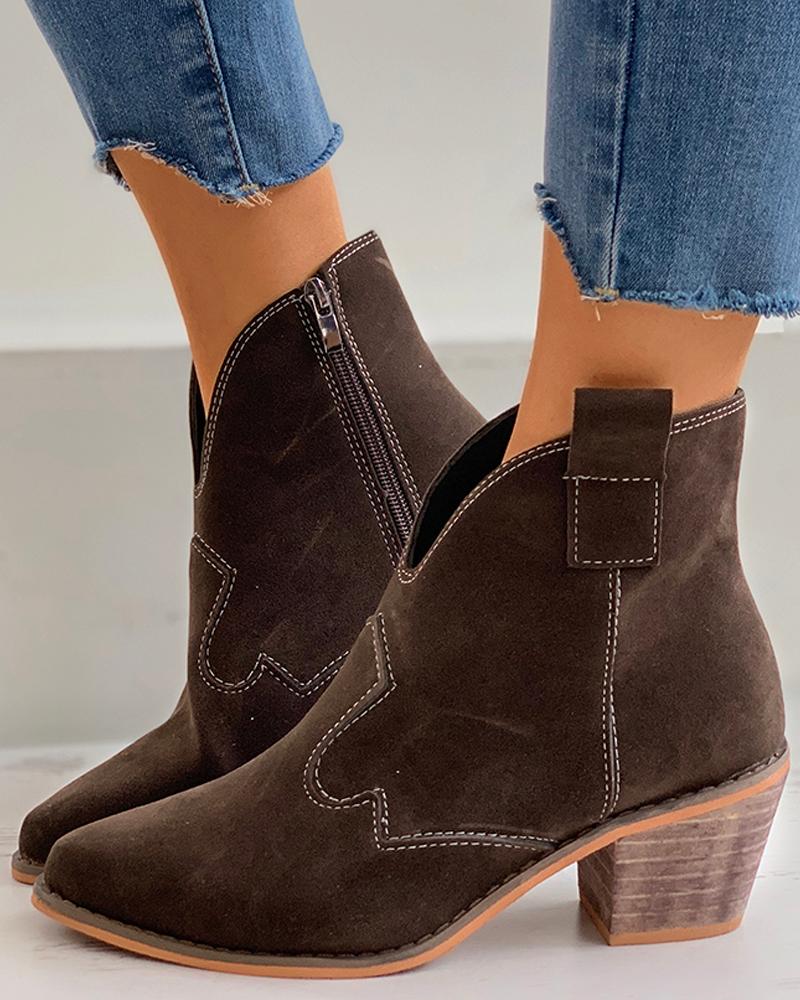 

Zipper Design Pointed Toe Chunky Boots, Coffee