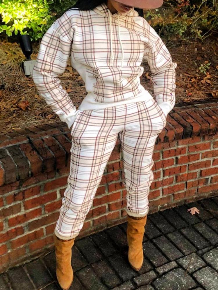 

Plaid Print Hooded Sweatshirt & Pants Set