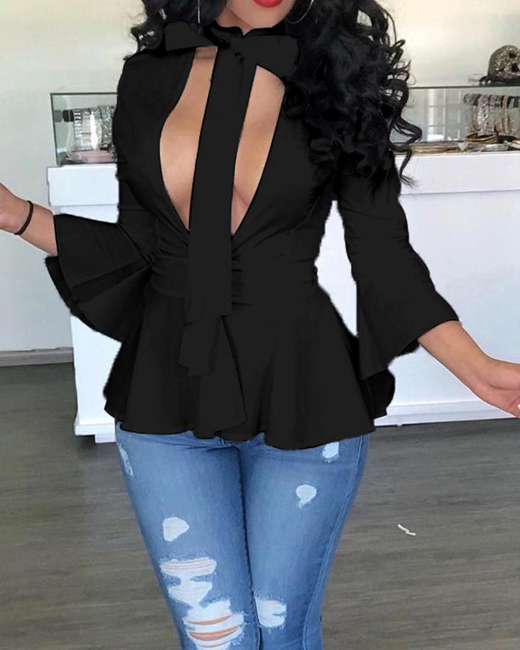 

Tied Neck Cut Out Peplum Blouses, Black