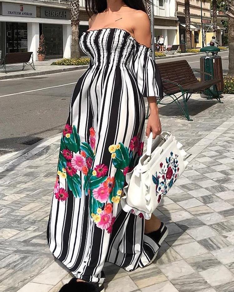 

Floral & Striped Print Shirring Maxi Dress, Black