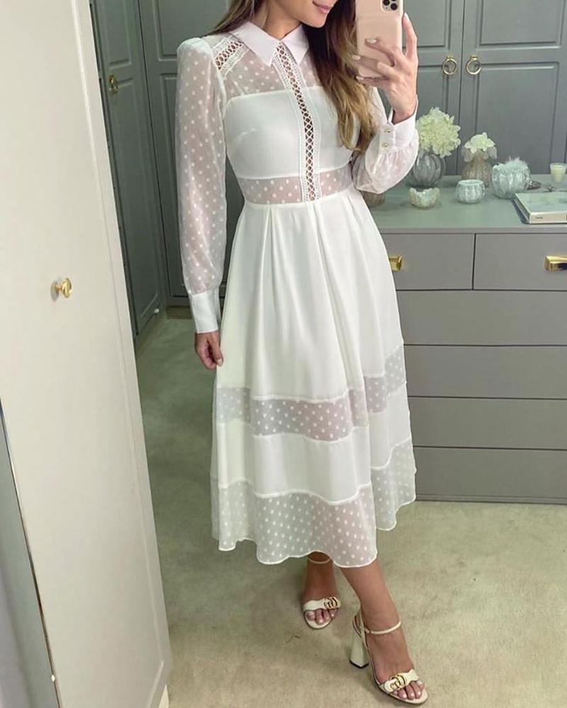 

Swiss Dots Mesh Insert Hollow Out Casual Dress, White