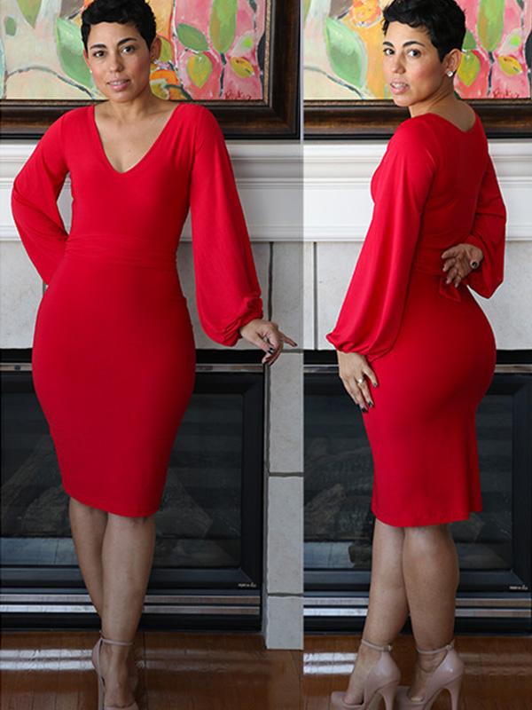 

Women's Hot Sexy Deep V Neck Long Lantern Sleeve Casual Red Dress