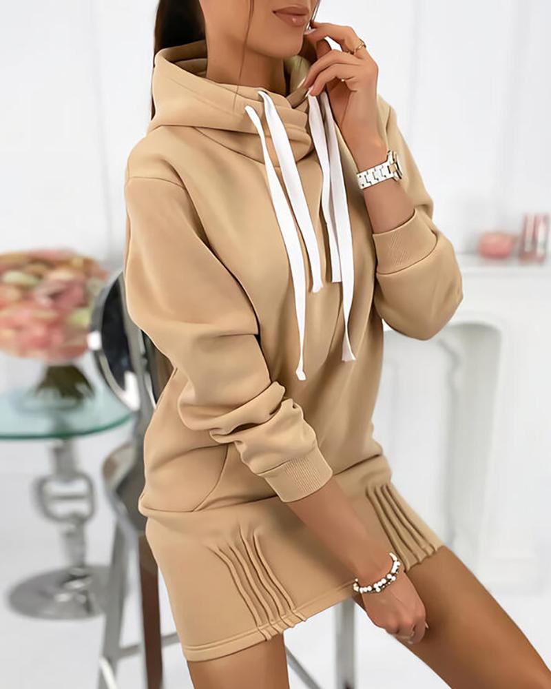 

Plain Pocket Design Ruched Hooded Sweatshirt Dress, Khaki