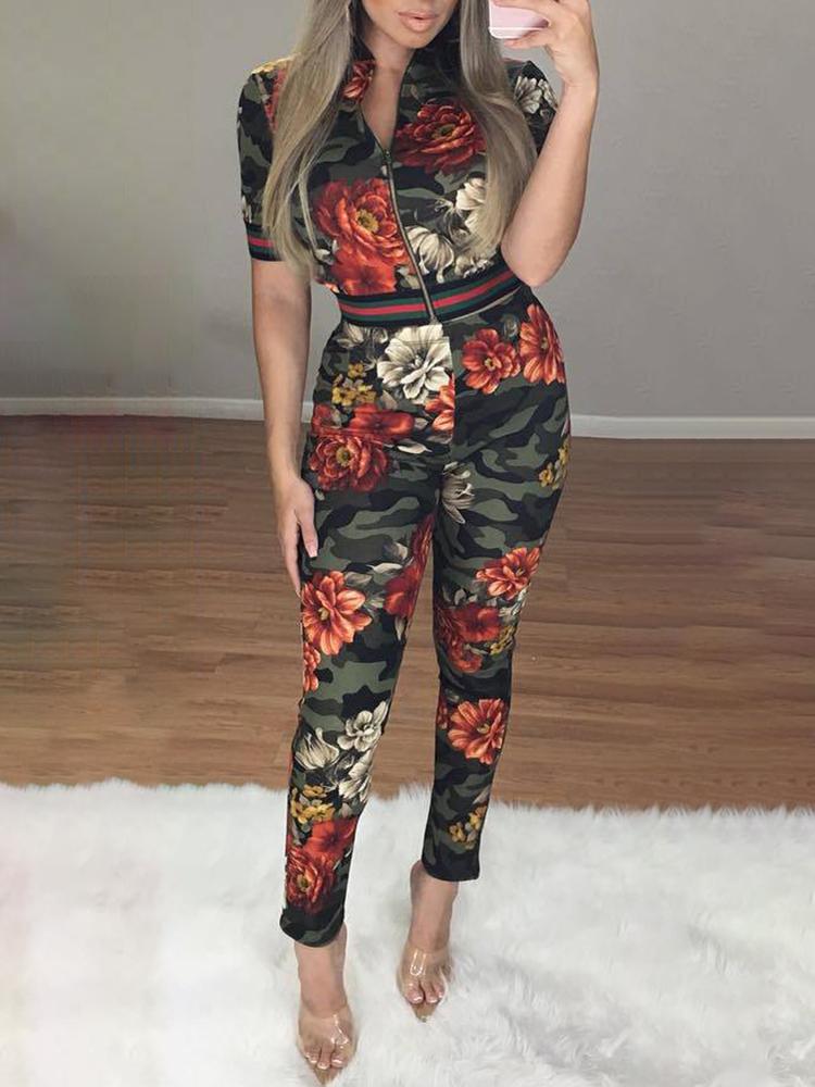 

Floral Print Zipper Up Top & Pants Set, Black