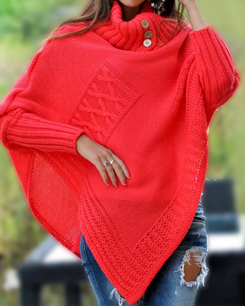

High Neck Ribbed Knitting Irregular Hem Casual Sweater, Red
