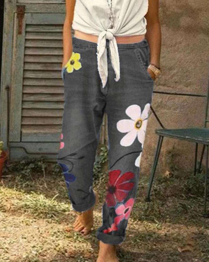 

Floral Denim Straight Leg Jeans, Black