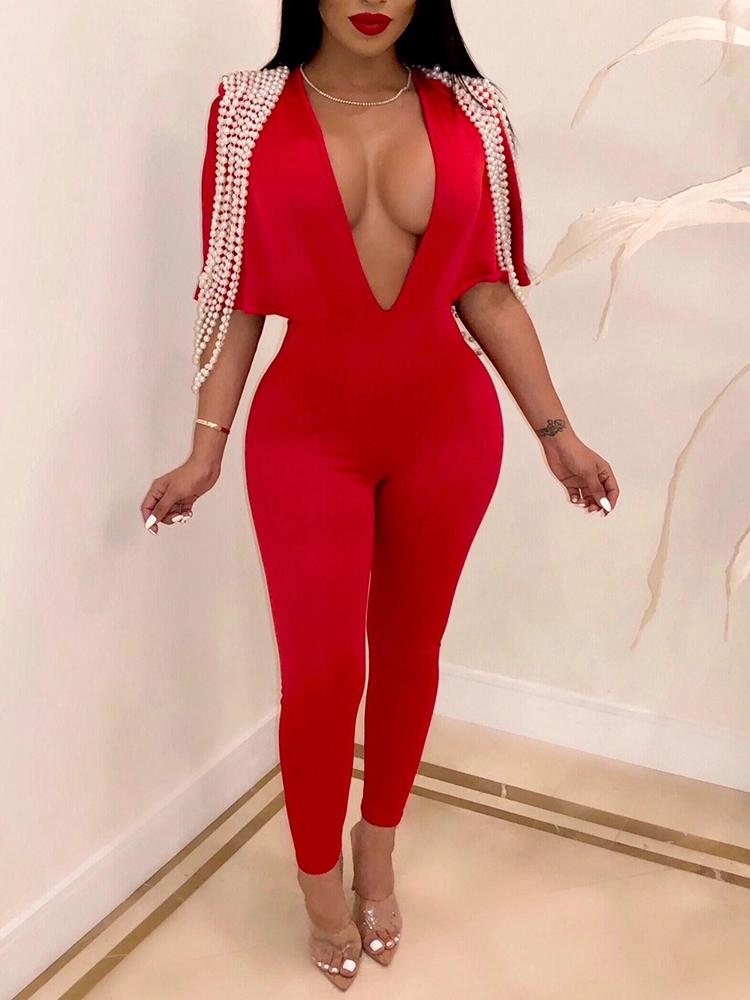 

Beaded Design Plunge Slinky Jumpsuits