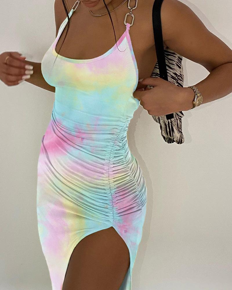 

Tie Dye Print Halter Chain Strap Dress, Multicolor
