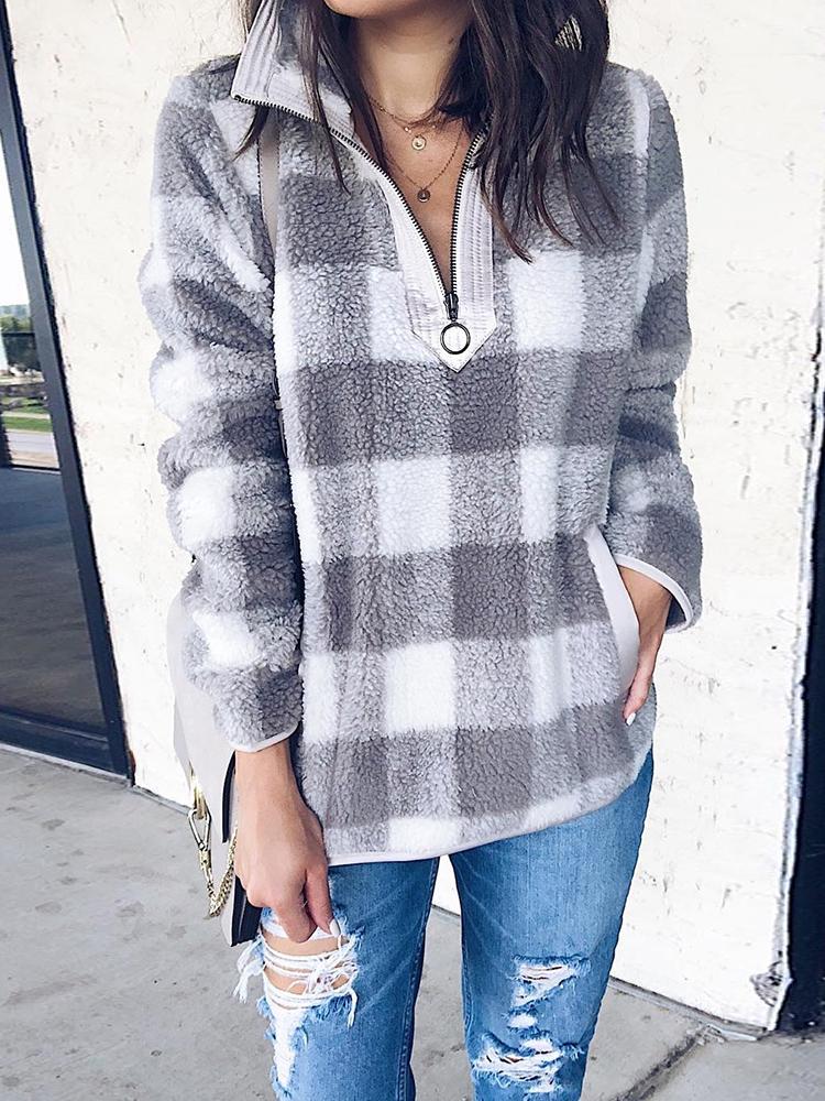 

Plaid Quarter Zip Pocket Teddy Sweatshirt, Gray