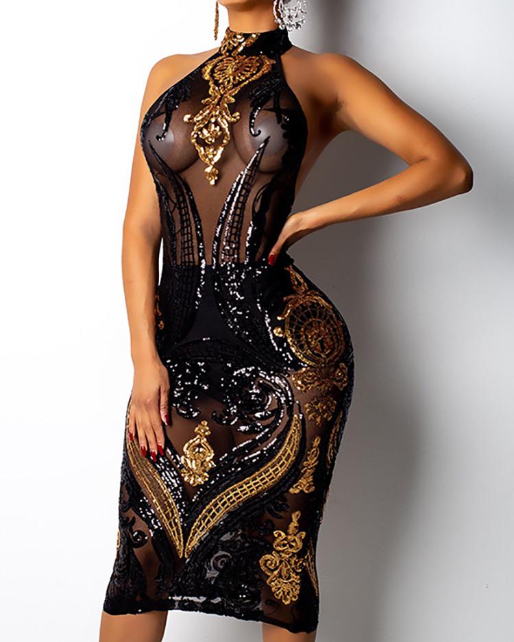 

Sheer Mesh Open Back Sequin Party Dress