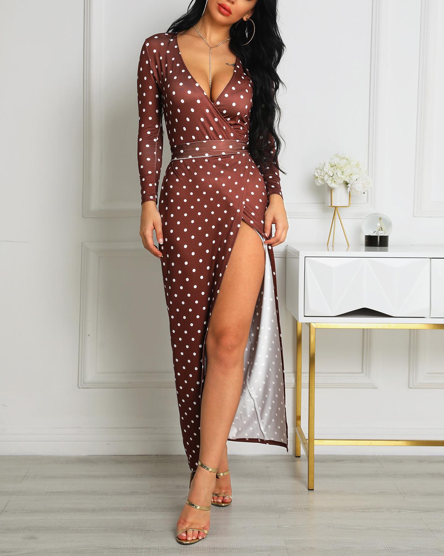 

Dots Print Slit Wrapped Dress, Coffee