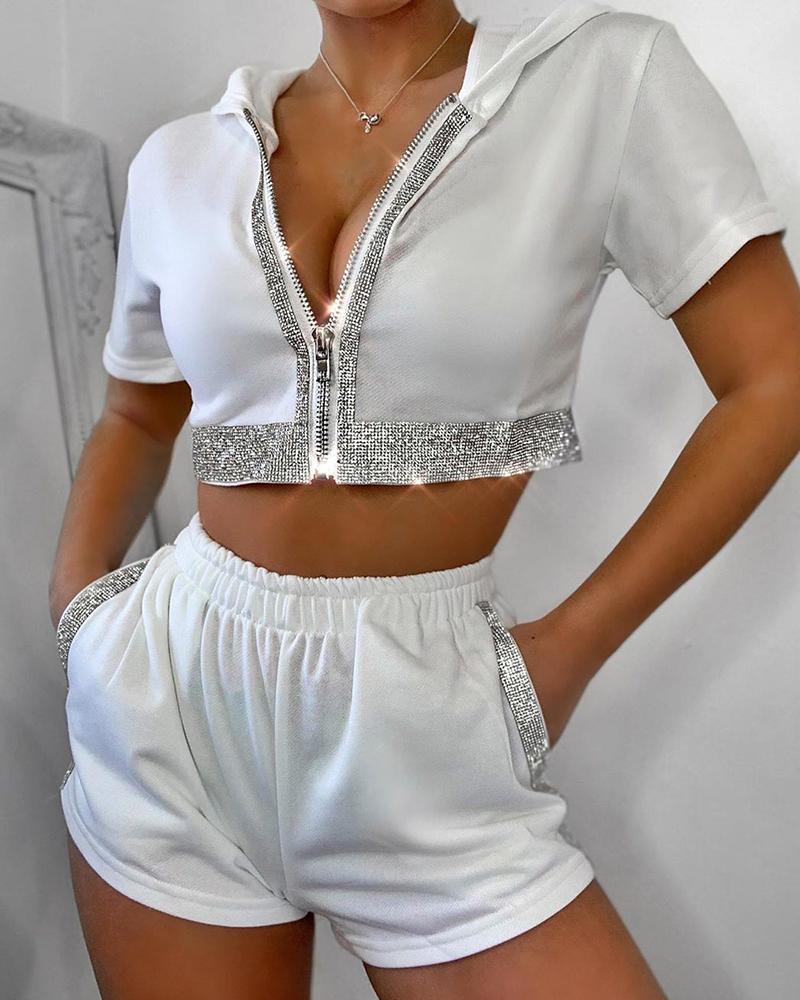 

Hooded Zipper Sequins Top & Shorts Set, White